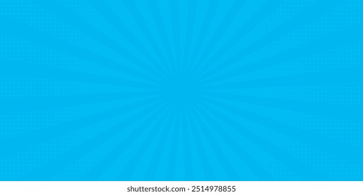 Comic background. Pop art texture. Starburst cartoon style. Anime design with explosion effect for print. Fun dot pattern. Blue backdrop with halftone gradient. Funny line frame