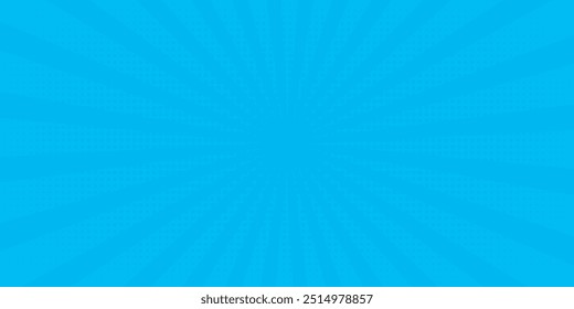Comic background. Pop art texture. Starburst cartoon style. Anime design with explosion effect for print. Fun dot pattern. Blue backdrop with halftone gradient. Funny line frame