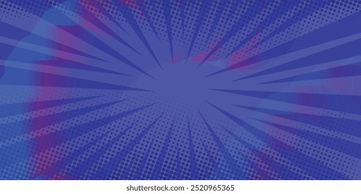 História em quadrinhos. Textura da arte pop. Estilo de desenho animado Starburst. Design de anime com efeito de explosão para impressão. Padrão de pontos divertido. Fundo azul com gradiente de meio-tom.