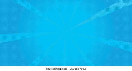 Comic background. Pop art texture. Starburst cartoon style. Anime design with explosion effect for print. Fun dot pattern. Blue backdrop with halftone gradient.