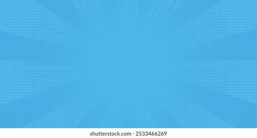Comic background. Pop art texture. Starburst cartoon style. Anime design with explosion effect for print. Fun dot pattern. Blue backdrop with halftone gradient.