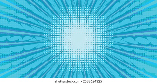 História em quadrinhos. Textura da arte pop. Estilo de desenho animado Starburst. Design de anime com efeito de explosão para impressão. Padrão de pontos divertido. Fundo azul com gradiente de meio-tom.