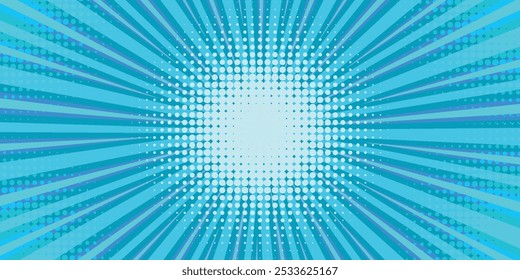 História em quadrinhos. Textura da arte pop. Estilo de desenho animado Starburst. Design de anime com efeito de explosão para impressão. Padrão de pontos divertido. Fundo azul com gradiente de meio-tom.