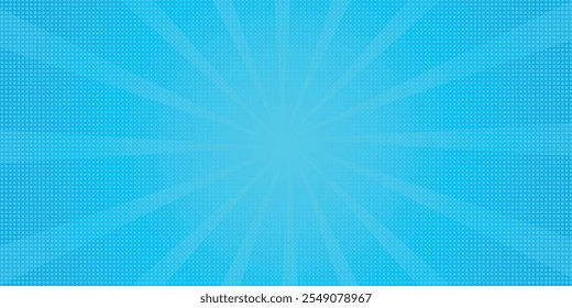 Comic background. Pop art texture. Starburst cartoon style. Anime design with explosion effect for print. Fun dot pattern. Blue backdrop with halftone gradient.