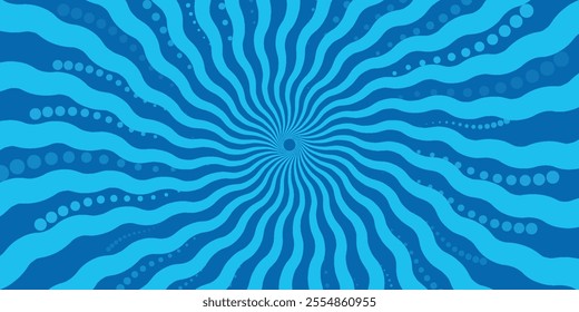 Comic background. Pop art texture. Starburst cartoon style. Anime design with explosion effect for print. Fun dot pattern. Blue backdrop with halftone gradient.