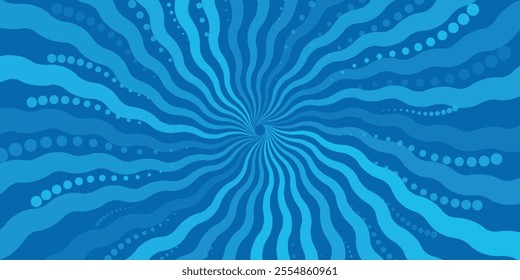 Comic background. Pop art texture. Starburst cartoon style. Anime design with explosion effect for print. Fun dot pattern. Blue backdrop with halftone gradient.