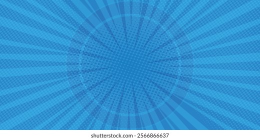 Comic background. Pop art texture. Starburst cartoon style. Anime design with explosion effect for print. Fun dot pattern. Blue backdrop with halftone gradient.