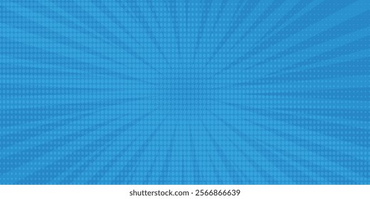 Comic background. Pop art texture. Starburst cartoon style. Anime design with explosion effect for print. Fun dot pattern. Blue backdrop with halftone gradient.