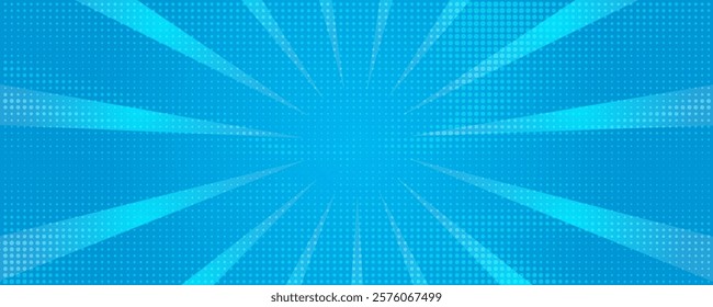 Comic background. Pop art texture. Starburst cartoon style. Anime design with explosion effect for print. Fun dot pattern. Blue backdrop with halftone gradient.