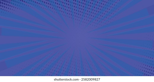 Comic background. Pop art texture. Starburst cartoon style. Anime design with explosion effect for print. Fun dot pattern. Blue backdrop with halftone gradient smooth.