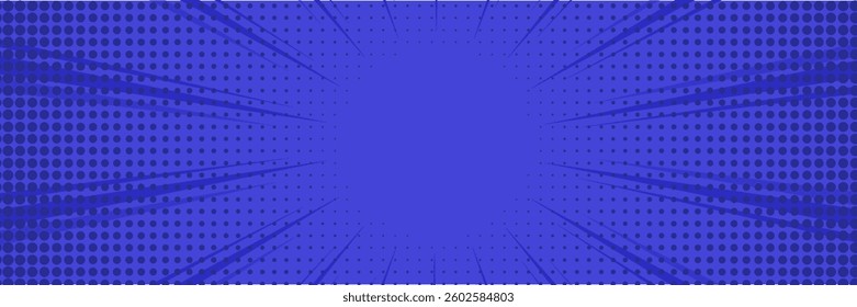 Comic background. Pop art texture. Starburst cartoon style. Anime design with explosion effect for print. Fun dot pattern. Blue backdrop with halftone gradient.