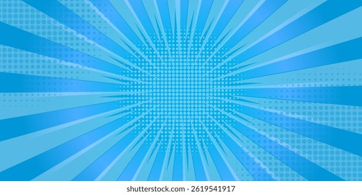 História em quadrinhos. Textura da arte pop. Estilo de desenho animado Starburst. Design de anime com efeito de explosão para impressão. Padrão de pontos divertido. Fundo azul com gradiente de meio-tom.