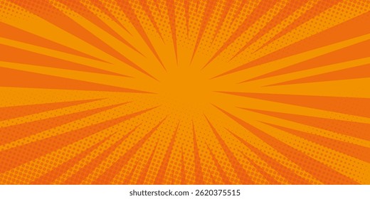 Comic background. Pop art texture. Starburst cartoon style. Anime design with explosion effect for print. Fun dot pattern. Blue backdrop with halftone gradient.