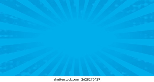 Comic background. Pop art texture. Starburst cartoon style. Anime design with explosion effect for print. Fun dot pattern. Blue backdrop with halftone gradient.