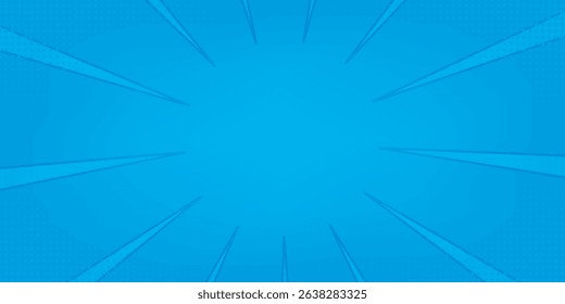 Comic background. Pop art texture. Starburst cartoon style. Anime design with explosion effect for print. Fun dot pattern. Blue backdrop with halftone gradient.