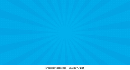 Comic background. Pop art texture. Starburst cartoon style. Anime design with explosion effect for print. Fun dot pattern. Blue backdrop with halftone gradient.