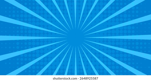 Comic background. Pop art texture. Starburst cartoon style. Anime design with explosion effect for print. Fun dot pattern. Blue backdrop with halftone gradient. Funny line frame. Vector illustration