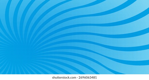 Comic background. Pop art texture. Starburst cartoon style. Anime design with explosion effect for print. Fun dot pattern. Blue backdrop with halftone gradient.