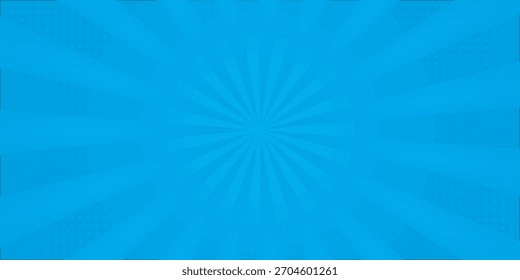 Fondo cómico. Textura de arte Pop. Estilo de dibujos animados Starburst. Diseño anime con efecto de explosión para impresión. Divertido patrón de puntos. Fondo azul con degradado de semitono.