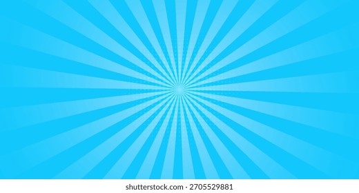 Comic background. Pop art texture. Starburst cartoon style. Anime design with explosion effect for print. Fun dot pattern. Blue backdrop with halftone gradient. Funny line frame. Vector illustration