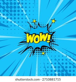 Comic background. Pop art texture. Starburst cartoon style. Anime design with explosion effect for print. Fun dot pattern. Blue backdrop with halftone gradient. Funny line frame. Vector illustration