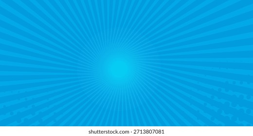 Comic background. Pop art texture. Starburst cartoon style. Anime design with explosion effect for print. Fun dot pattern. Blue backdrop with halftone gradient.