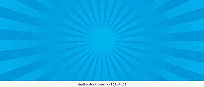 História em quadrinhos. Textura da arte pop. Estilo de desenho animado Starburst. Design de anime com efeito de explosão para impressão. Padrão de pontos divertido. Fundo azul com gradiente de meio-tom.