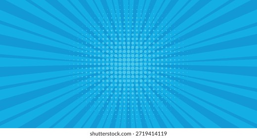 Fondo cómico. Textura de arte Pop. Estilo de dibujos animados Starburst. Diseño anime con efecto de explosión para impresión. Divertido patrón de puntos. Fondo azul con degradado de semitono.