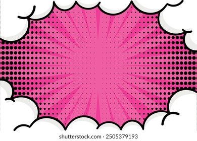 Comic background in retro pop art style. Stripe and dotted pink background decorated with clouds. Vector illustration