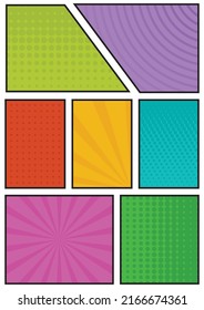 Comic background size A4. Colorful comic panels layout with rays, dots, lines. Comic strip frame.