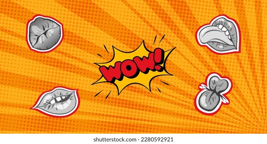 Comic background in the style of pop art with halftone dots and yellow rays. Vintage backdrop with collage elements with mouth and tongue. Inscription wow. Vector.