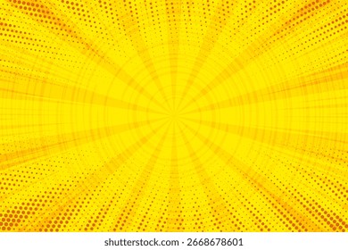 Fondo cómico con patrón de dibujos animados de arte pop amarillo. Luz de Vector de ráfaga de rayos con efecto de semitono retro. Naranja anime abstracto sunburst. Fondo de explosión de verano punteado. Marco radial vintage gráfico