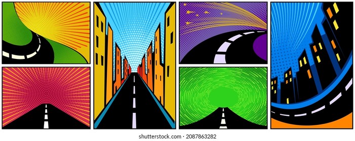 Comic backgrounds with cities, roads, highways and expressways. Silhouette of the night city, asphalt road in the city. Background template for comics in retro style. Vector