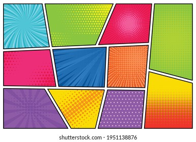 Comic backgrounds. Manga, pop art backdrops in frames. Superhero explosion texture with halftone effect. Vintage vector templates set with rays, dots or spots and lines illustration