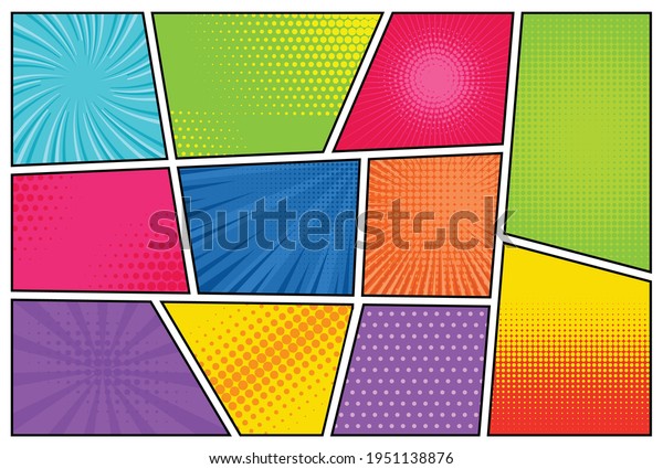 Comic\
backgrounds. Manga, pop art backdrops in frames. Superhero\
explosion texture with halftone effect. Vintage vector templates\
set with rays, dots or spots and lines\
illustration