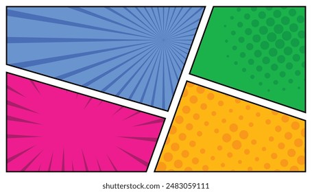 Comic backgrounds pop art frames. vintage vector templates with rays, dots or spots and lines, vector illustration