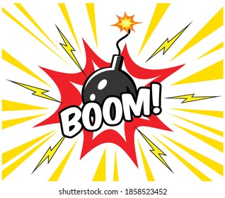 Globo cómico sobre fondo blanco y Boom... Ilustración vectorial.