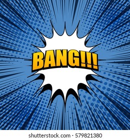 Comic bang expression background in blue colors with white blot, halftone effects and rays in pop art style. Vector illustration