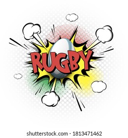 Comic bang and expression text Rugby  Comics book font sound phrase template and rugby ball  Pop art style banner message  Sports fan emotions  Vector illustration