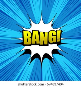 Comic Bang wording background with white speech bubble, rays, halftone and blue radial effect in pop art style. Vector illustration