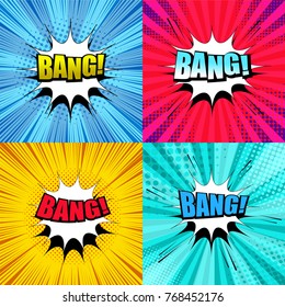Comic Bang wording set with colorful backgrounds and rays, radial, halftone effects in pop-art style. Vector illustration