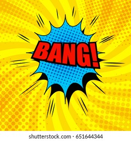 Comic Bang wording template with blue cloud, halftone and sound effects on orange radial background in pop-art style. Vector illustration