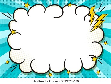 Comic banner with cloud frame in popart style. Text box on a bright blue background. Template for web design, banners, coupons, applications and posters. Cartoon Vector illustration. 