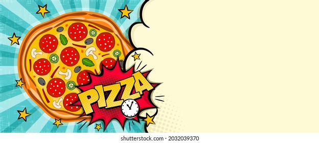 Comic Banner für Pizza bekannt geben. Pop Art Template für ein Poster oder Flyer. Ray Vorlage für Pizzeria, Café oder Restaurant. Vektorgrafik, Vintage-Lebensmitteldesign.