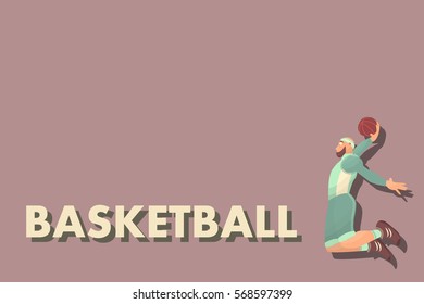 Comic basketball player with ball in flat. Cartoon picture