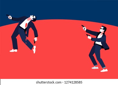 Comic battle concept. Secret agents, spies, policemen, detectives, security guards with two guns in their hands. Vector illustration