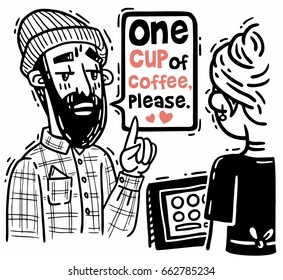 Comic bearded hipster orders one cup of coffee at the checkout counter