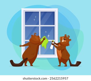 Comic beavers cleaning window together vector illustration. Cartoon drawing of cute wild animal characters as cleaners with wipe and spray for glass. Wildlife, housework, cleaning service concept