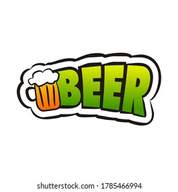 Comic beer logo sticker.  Emotions badge in pop art style. Cartoon logotype with mug of beer for cafe, bar, menu, restaurant, october fest. Isolated Vector illustration
