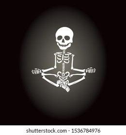 Comic Big Skull Skeleton Sitting or Levitating Crossed Legs Hand on Knees Yoga Relaxed Asana or Position Halloween Holidays Template - White on Black Background - Vector Contrast Graphic Design